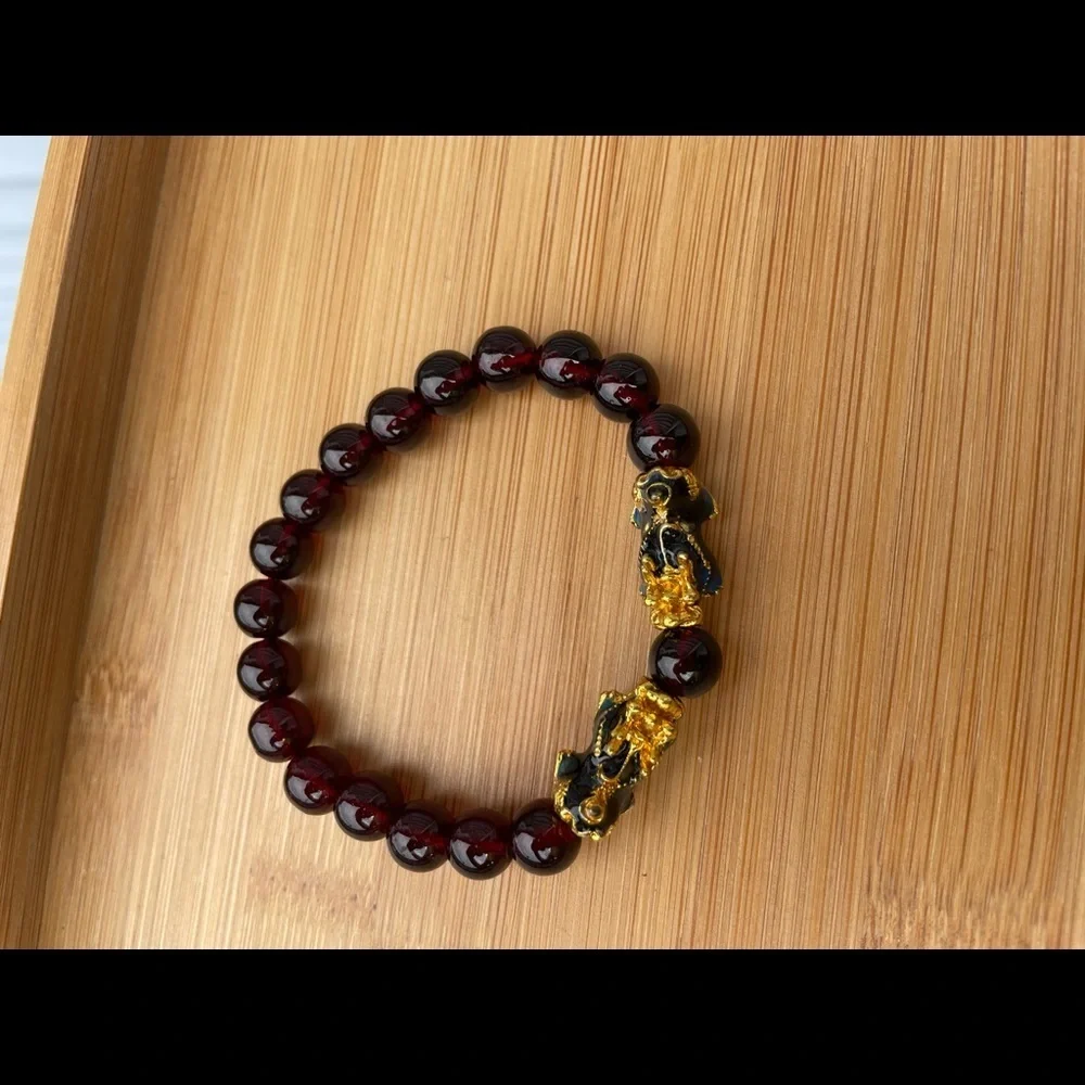 Red Garnet Rainbow Painted Gel Double Pixiu Wealth Bracelet - Picture 5 of 5